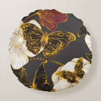 Butterflies & Flowers: Spring Boho Pattern Round Pillow