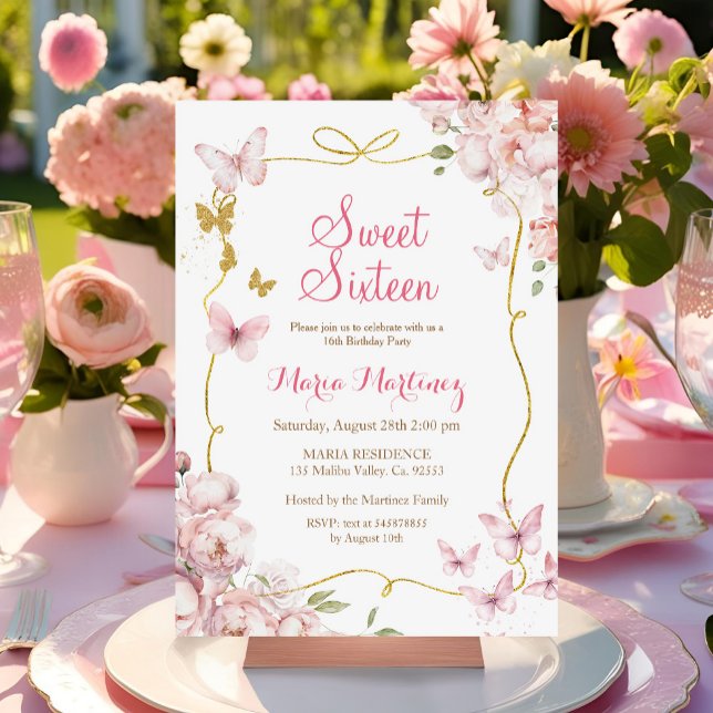 Butterflies Flowers With Gold Glitter Sweet 16  Invitation (Creator Uploaded)