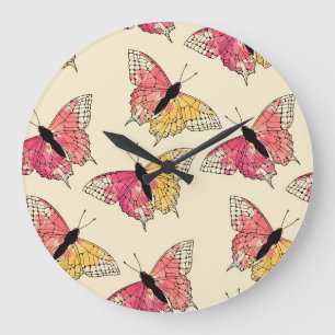 Butterflies flying: seamless ivory pattern large clock