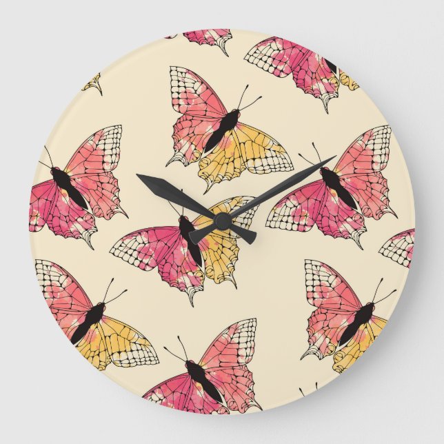 Butterflies flying: seamless ivory pattern large clock (Front)