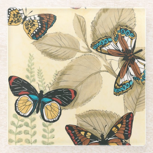 Butterflies Gliding Over Leaves Glass Coaster (Front)