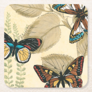 Butterflies Gliding Over Leaves Square Paper Coaster