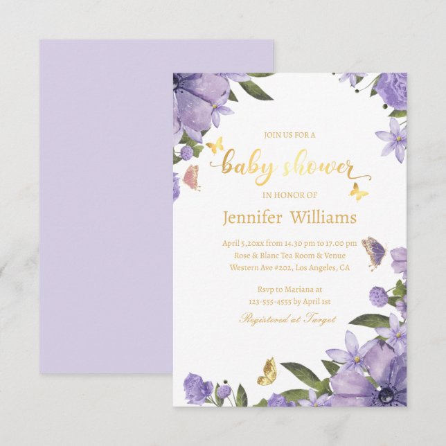 butterflies gold purple floral baby shower  invitation (Front/Back)