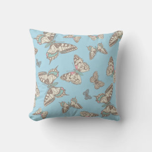 Butterflies graphic pattern blue brown pillow