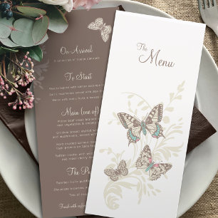 Butterflies hand ink art and leaves brown wedding  menu