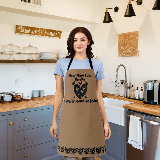 Butterflies & Heart Custom Name, Bilingual Brown Apron (Brown bilingual Apron, best mom ever, la mejor mamá de todas, custom name multilingual project)