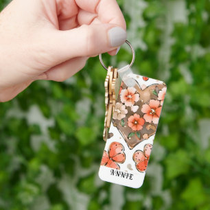 Butterflies, Hearts and Flowers Custom Name Keychain