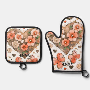 Butterflies, Hearts and Flowers Custom Name Oven Mitt & Pot Holder Set