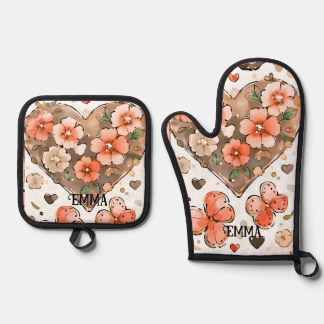 Butterflies, Hearts and Flowers Custom Name Oven Mitt & Pot Holder Set (Front)