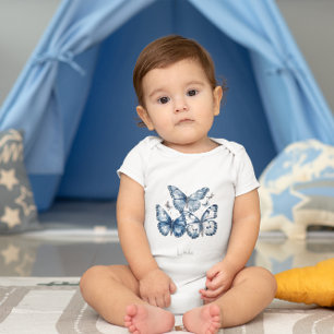 Butterflies in Delft Blue, customizable Baby Bodysuit