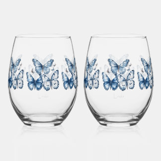 Butterflies in Delft Blue, customizable Stemless Wine Glass