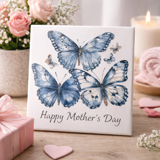 Butterflies in Delft Blue, customizable Tile