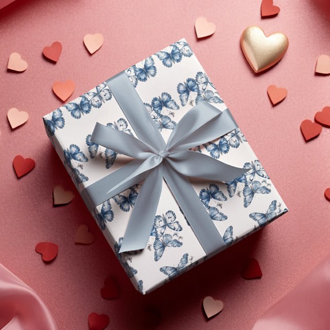 Butterflies in Delft Blue Wrapping Paper Sheet (Creator Uploaded)