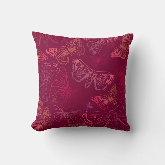 Butterflies in Hues of Pink Burgundy Red Throw Pillow (Front)