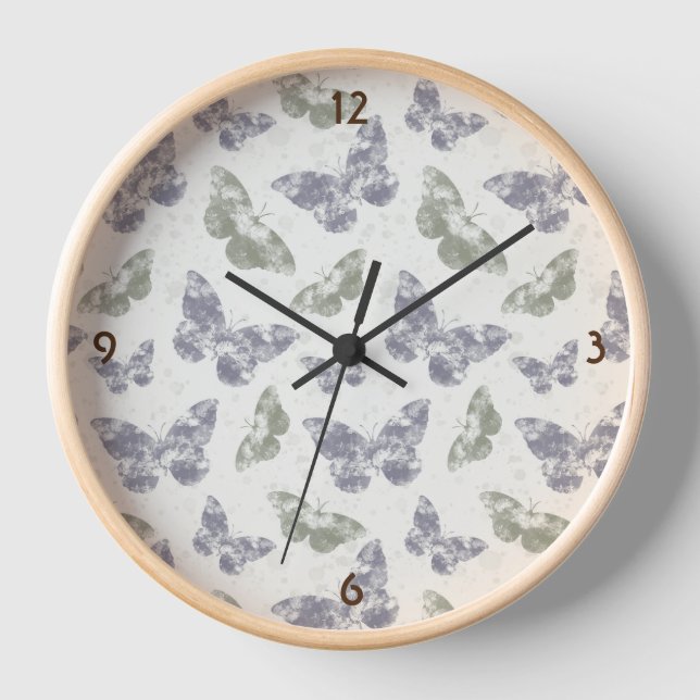 Butterflies in mauve & sage, grungy watercolor clock (Front)