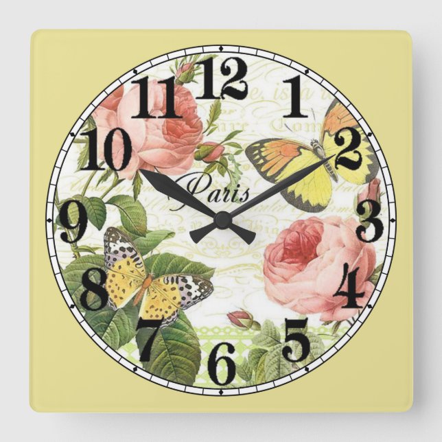 Butterflies in Paris Square Wall Clock (Front)