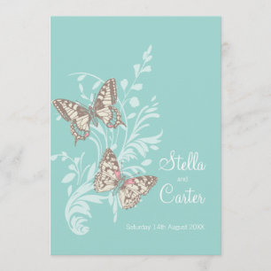 Butterflies inked art aqua teal cream wedding invitation