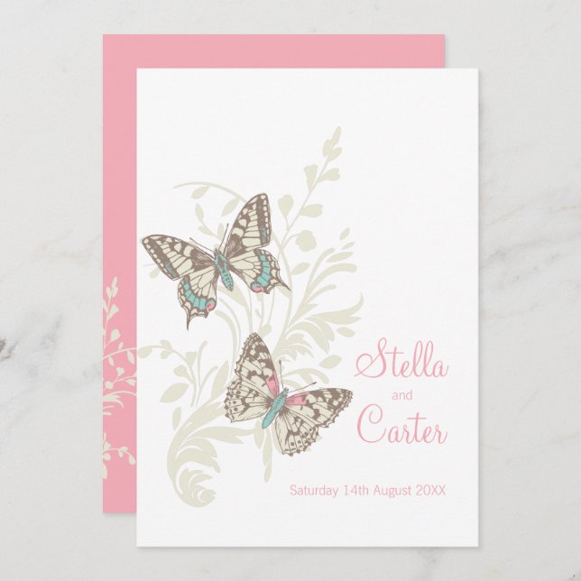 Butterflies inked art pink cream white wedding invitation (Front/Back)