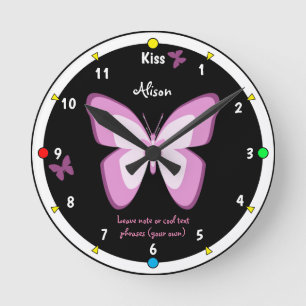 Butterflies & Kiss Clock, Girls Wonderland Fashion Round Clock