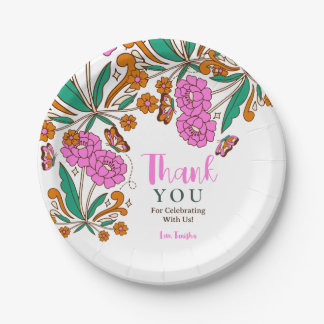 Butterflies Lovers Pink Floral Script Bridal Paper Plate