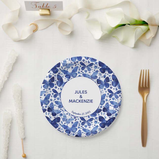 Butterflies Modern Watercolor Indigo Blue Wedding Paper Plate (Wedding)