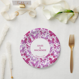 Butterflies Modern Watercolor Magenta Pink Wedding Paper Plate
