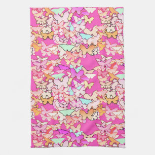 Butterflies, multi and deep pink kitchen towel