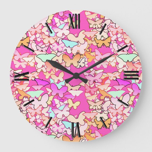 Butterflies, multi and deep pink large clock (Front)