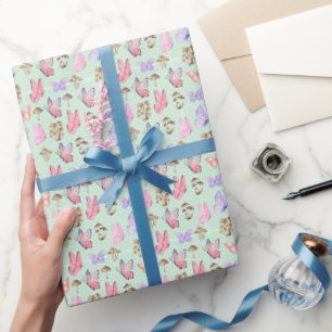 Butterflies & Mushrooms on Light Green Wrapping Paper