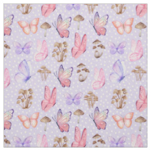 Butterflies & Mushrooms on Light Purple Fabric