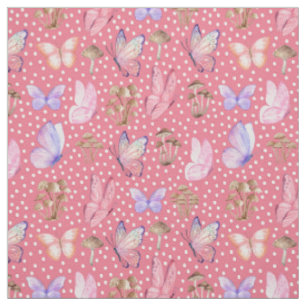 Butterflies & Mushrooms on Rouge Pink Fabric
