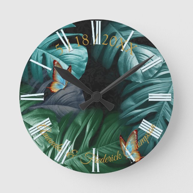 Butterflies of Paradise Tropical Splash in Blues, Round Clock (Front)