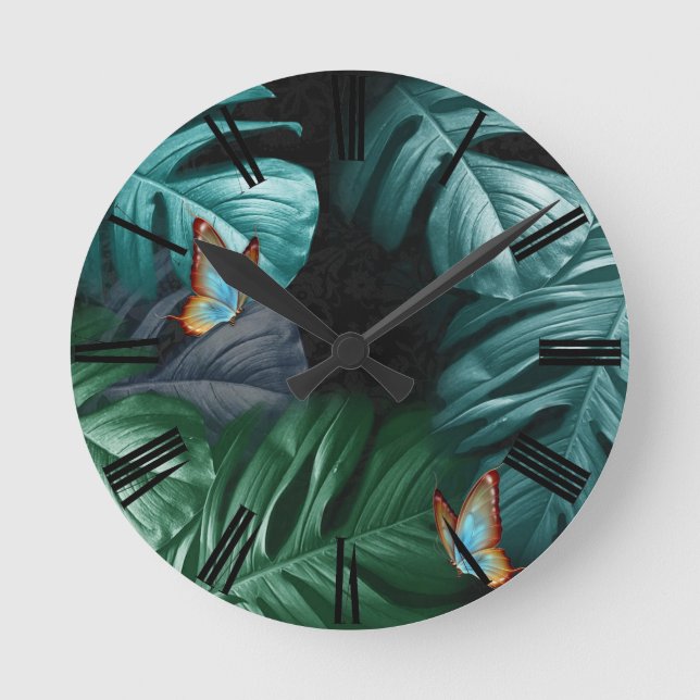 Butterflies of Paradise/Tropical Turquoise Splash Round Clock (Front)