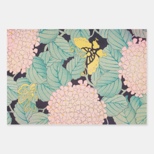 Butterflies on Pink Hydrangea Vintage Japanese Wrapping Paper Sheet