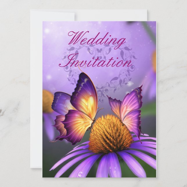 Butterflies on Purple Daisy Wedding Invitation (Front)
