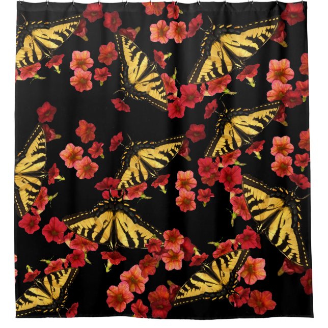 Butterflies on Red Flowers Shower Curtain (Front)