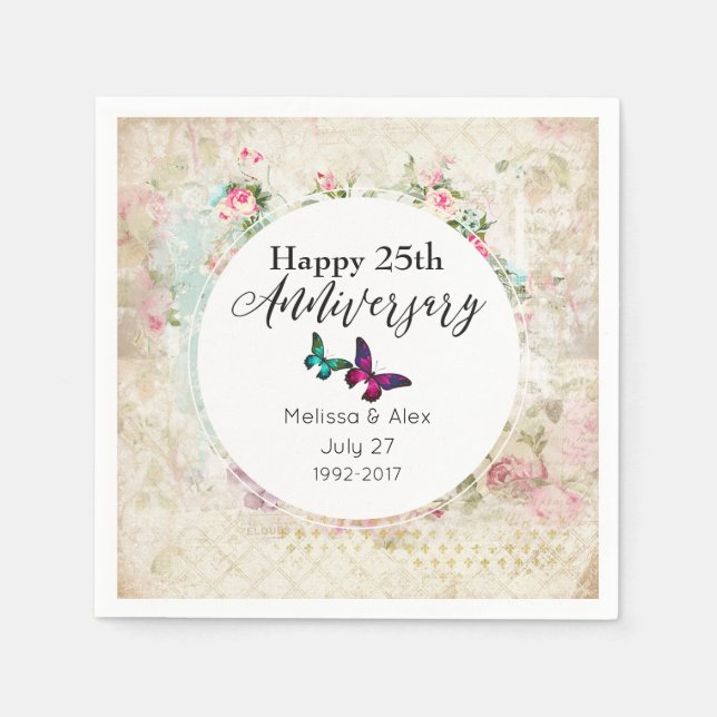 Butterflies on Shabby Vintage Collage Anniversary Napkin (Front)