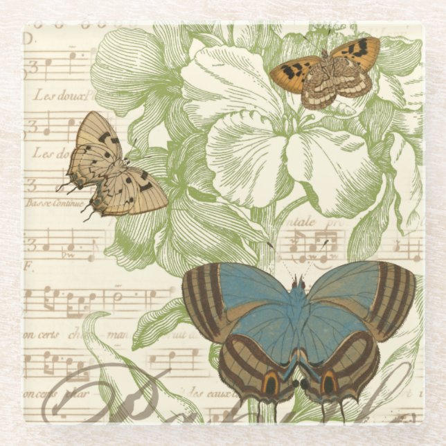 Butterflies on Sheet Music with Floral Design Glass Coaster (Front)
