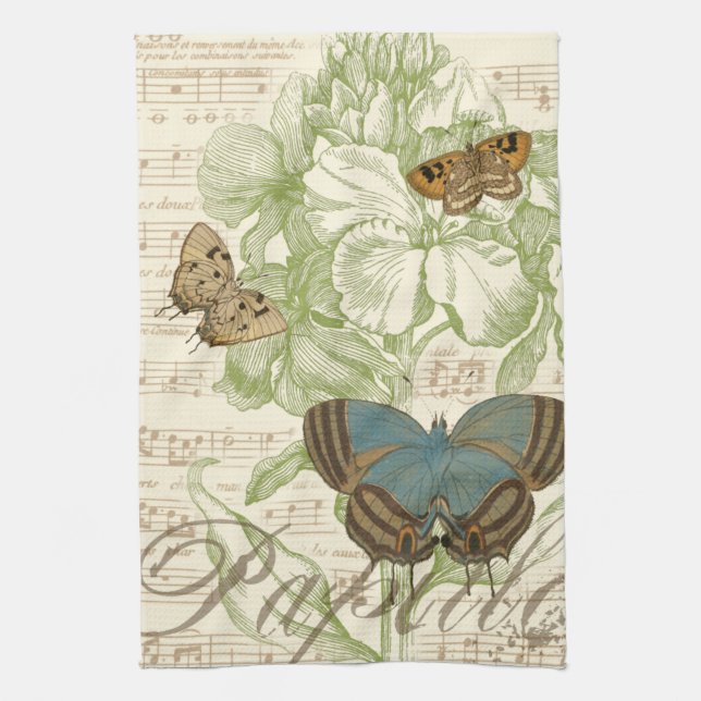 Butterflies on Sheet Music with Floral Design Kitchen Towel (Vertical)