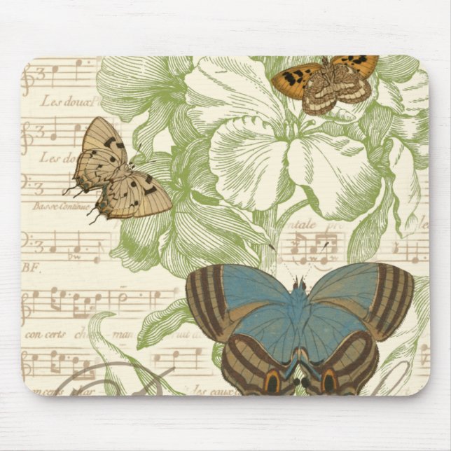 Butterflies on Sheet Music with Floral Design Mouse Pad (Front)