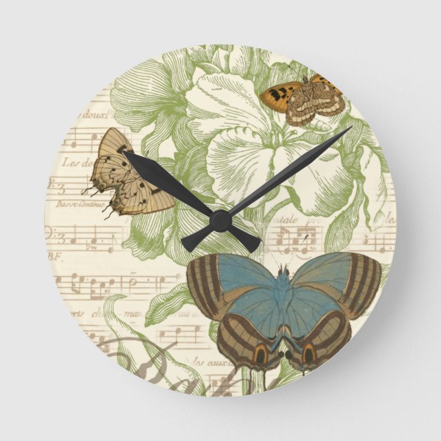 Butterflies on Sheet Music with Floral Design Round Clock (Front)