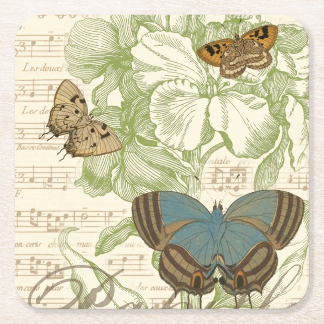 Butterflies on Sheet Music with Floral Design Square Paper Coaster (Front)