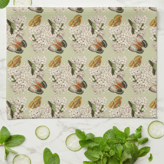 Butterflies on vintage green kitchen towel (Folded)