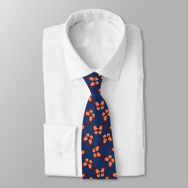 Butterflies Orange Pink Black Pattern Tie (Tied)