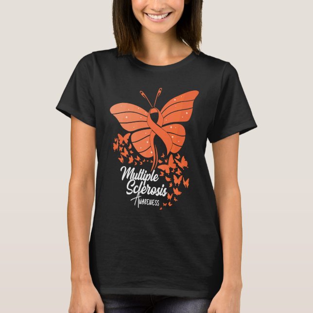 Butterflies & Orange Ribbon Multiple Sclerosis Awa T-Shirt (Front)
