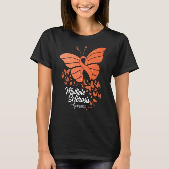 Butterflies & Orange Ribbon Multiple Sclerosis Awa T-Shirt (Front)