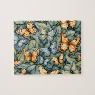 Butterflies Pattern Blue Green Yellow Shades  Jigsaw Puzzle