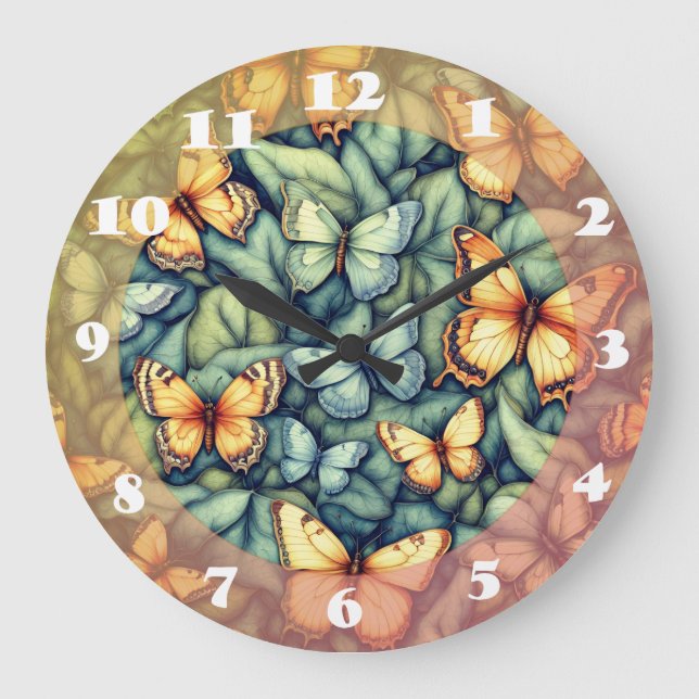 Butterflies Pattern Blue Green Yellow Shades  Large Clock (Front)