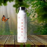 Butterflies peach rose gold name water bottle<br><div class="desc">White background decorated with pink and rose gold butterflies.  Personalize and add your name.  Peach coloured letters.</div>