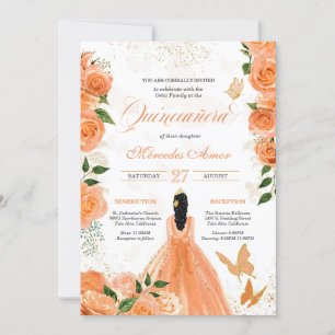 Butterflies & Peach Roses Quinceanera Invitation